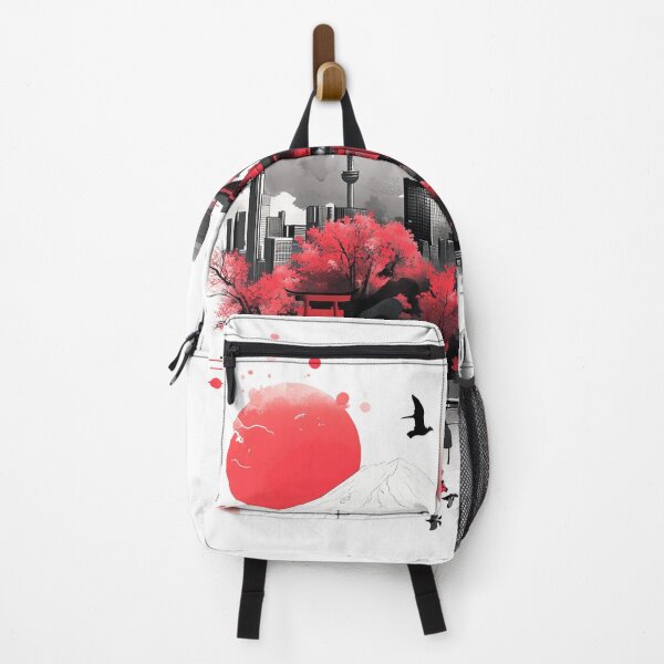 Item preview, Pagoda ethnic black red landscape with Fuji mountains and floral red details designed and sold by Encreable.