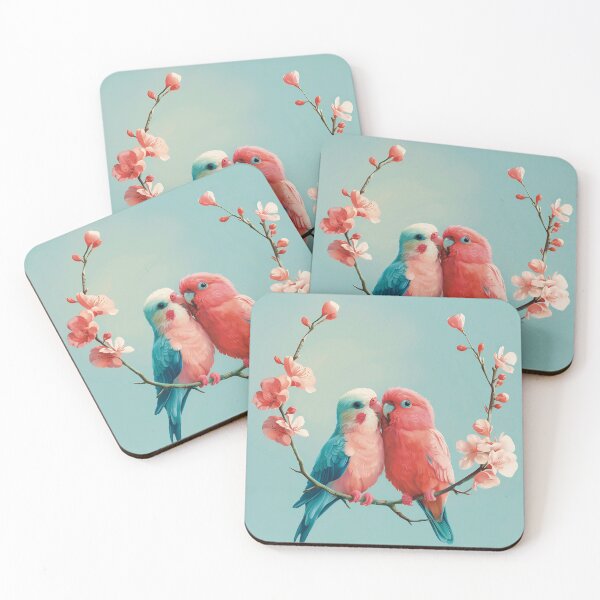 Item preview, Lovebirds in Blossom – Soft Pink and Blue Parrots Artwork designed and sold by PostcardsfromtheLaundromat.