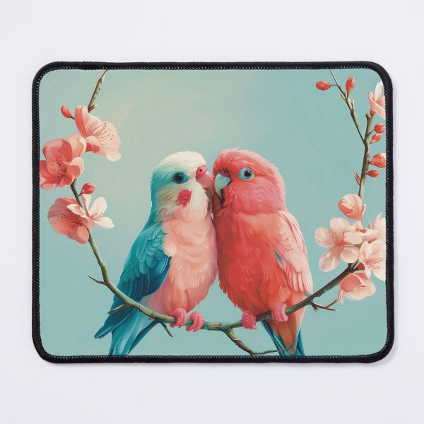 Item preview, Lovebirds in Blossom – Soft Pink and Blue Parrots Artwork designed and sold by PostcardsfromtheLaundromat.