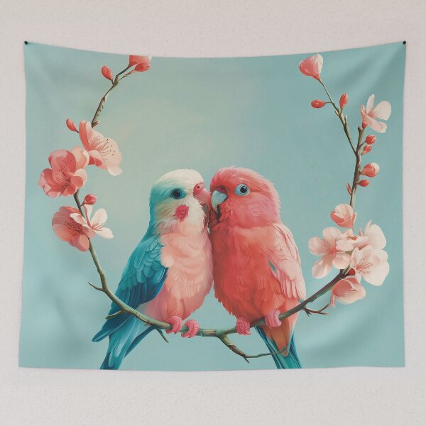 Item preview, Lovebirds in Blossom – Soft Pink and Blue Parrots Artwork designed and sold by PostcardsfromtheLaundromat.