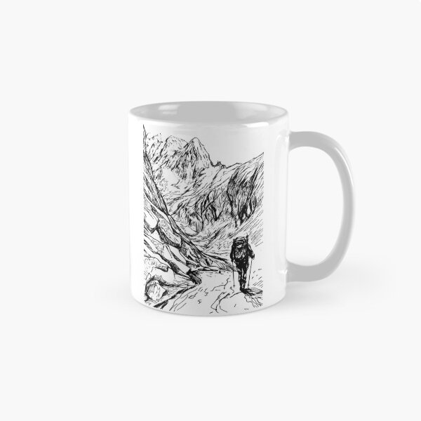 Artikelvorschau, Minimalistische Schwarz-Weiß-Kunst des Bergsteigers mit hoch aufragenden Bergen und Felsen entworfen und verkauft von Encreable.