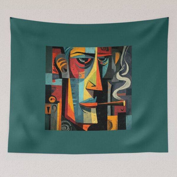 Item preview, Cubist Colorful Abstract Portrait of a Cigar Aficionado Smoking Cigar in Dynamic Geometric Composition designed and sold by OlfactoART Studio.