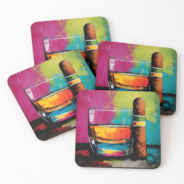 Item preview, Whiskey and Large Cigar Artwork with Vibrant Abstract Background in Pink Yellow and Blue designed and sold by OlfactoART Studio.