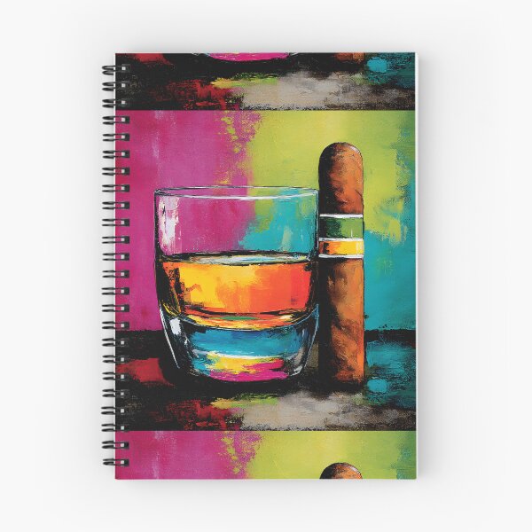 Item preview, Whiskey and Large Cigar Artwork with Vibrant Abstract Background in Pink Yellow and Blue designed and sold by OlfactoART Studio.