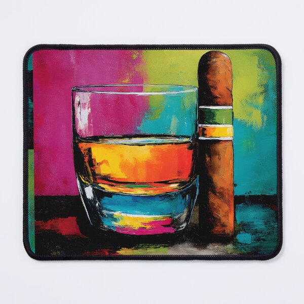 Item preview, Ilustración de whisky y cigarros grandes con un vibrante fondo abstracto en rosa, amarillo y azul. designed and sold by OlfactoART Studio.