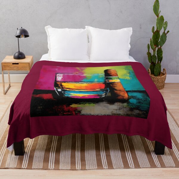 Item preview, Whiskey and Large Cigar Artwork with Vibrant Abstract Background in Pink Yellow and Blue designed and sold by OlfactoART Studio.