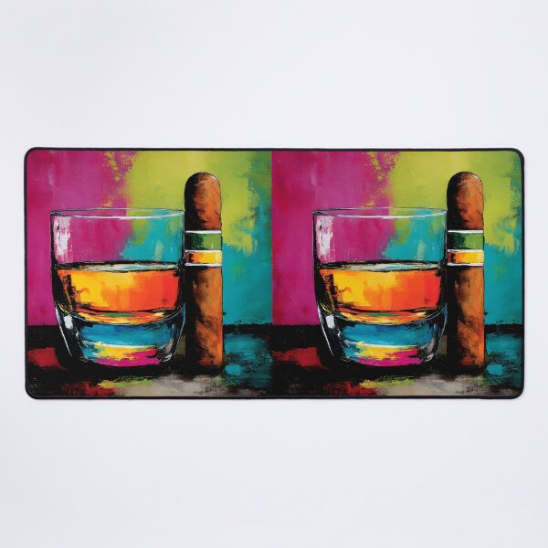Aperçu de l'œuvre Illustration représentant un whisky et un grand cigare sur fond abstrait vibrant en rose, jaune et bleu créée et vendue par OlfactoART Studio.