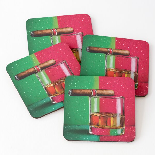 Item preview, Whiskey and Cigar Christmas Artwork with Striking Red and Green Background and Subtle Holiday Accents designed and sold by OlfactoART Studio.