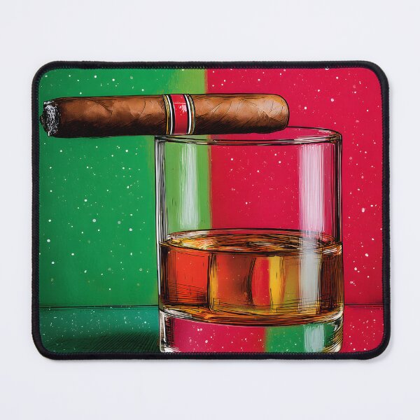 Item preview, Whiskey and Cigar Christmas Artwork with Striking Red and Green Background and Subtle Holiday Accents designed and sold by OlfactoART Studio.