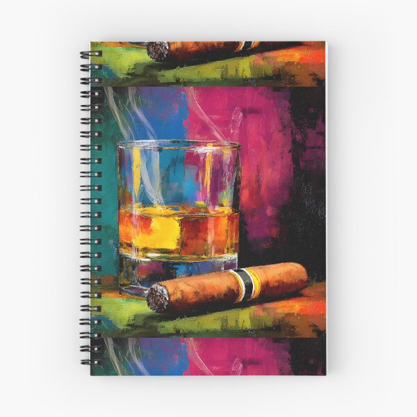 Artikelvorschau, Whiskey und brennende Zigarre Kunstwerk mit aufsteigendem Rauch auf lebendigen bunten Hintergrund entworfen und verkauft von OlfactoART Studio.