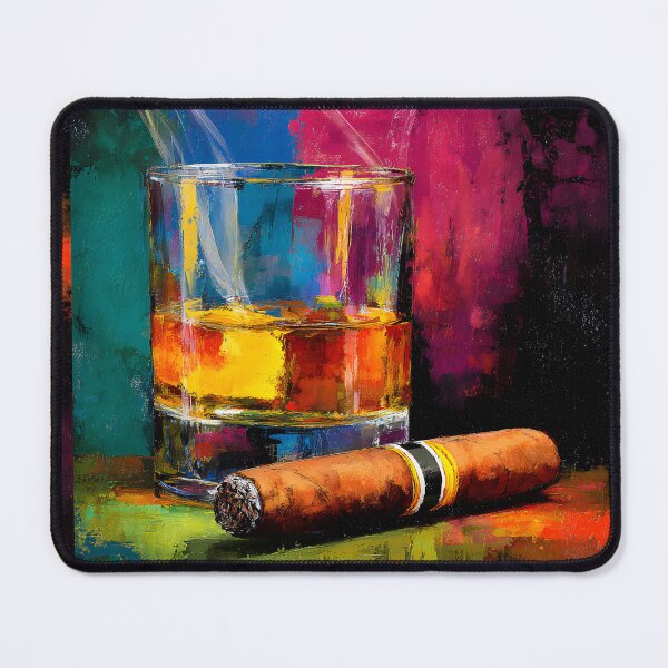 Artikelvorschau, Whiskey und brennende Zigarre Kunstwerk mit aufsteigendem Rauch auf lebendigen bunten Hintergrund entworfen und verkauft von OlfactoART Studio.