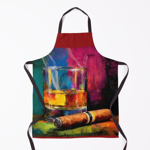 Artikelvorschau, Whiskey und brennende Zigarre Kunstwerk mit aufsteigendem Rauch auf lebendigen bunten Hintergrund entworfen und verkauft von OlfactoART Studio.