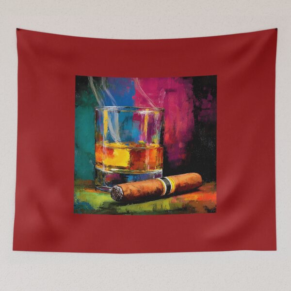 Artikelvorschau, Whiskey und brennende Zigarre Kunstwerk mit aufsteigendem Rauch auf lebendigen bunten Hintergrund entworfen und verkauft von OlfactoART Studio.