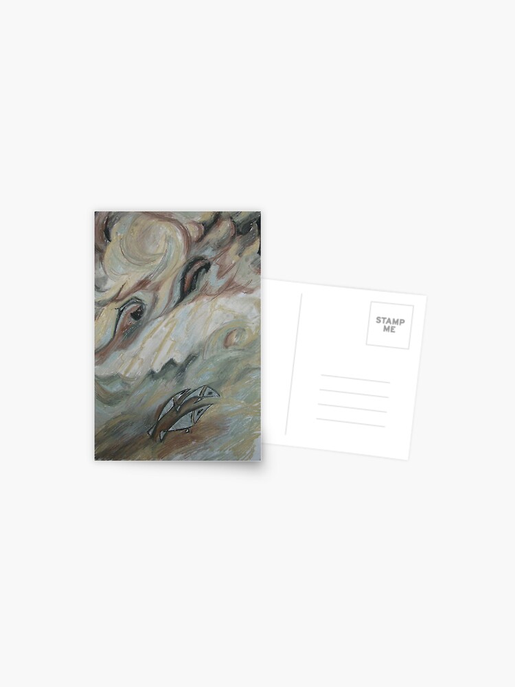 Thumbnail 1 of 2, Postcard, 3 little courageous fishies in an open stormy sea designed and sold by Anthropolog.