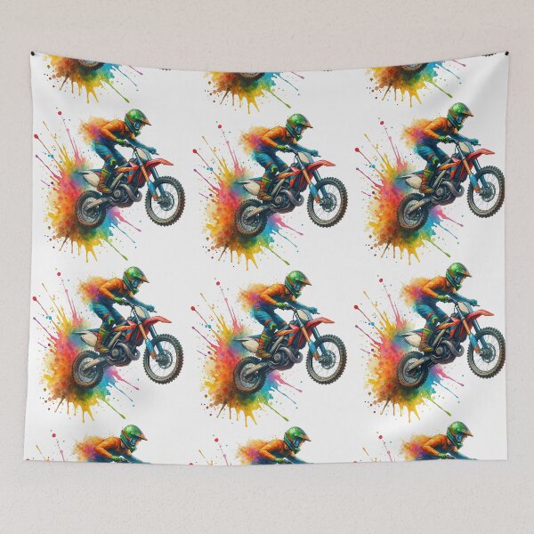 Aperçu de l'œuvre Pilote de motocross dans une éclaboussure d'aquarelle explosive créée et vendue par ArtfulWeave.