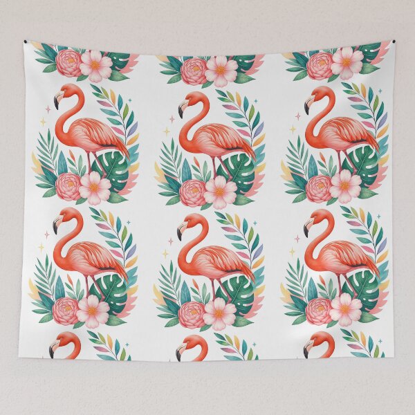 Item preview, Tropical Flamingo with Jungle Flowers and Leaves designed and sold by ArtfulWeave.