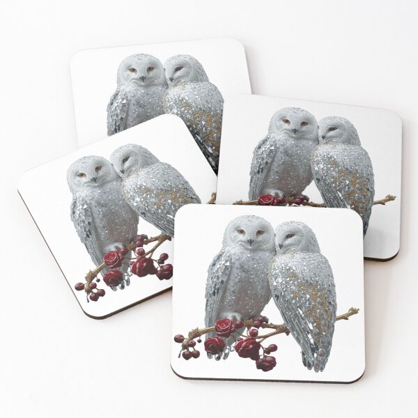 Item preview, White Owls with Crystals & Gold Dust | Elegant Fantasy Nature Art with Roses designed and sold by BloomingBeauty7.