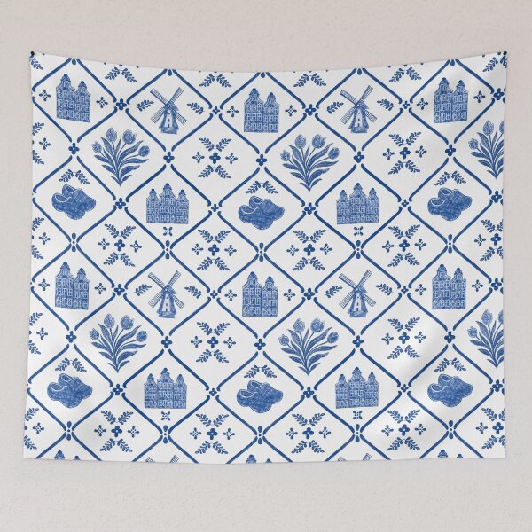Item preview, Dutch Tile Work in Cobalt Blue with Mill, Canal Houses and Clogs designed and sold by Studio Pico.