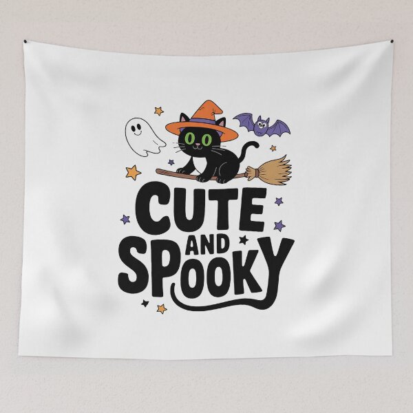 Item preview, Halloween Cute Cat Flying On Broom with Ghost Stars designed and sold by BakeryDozen.