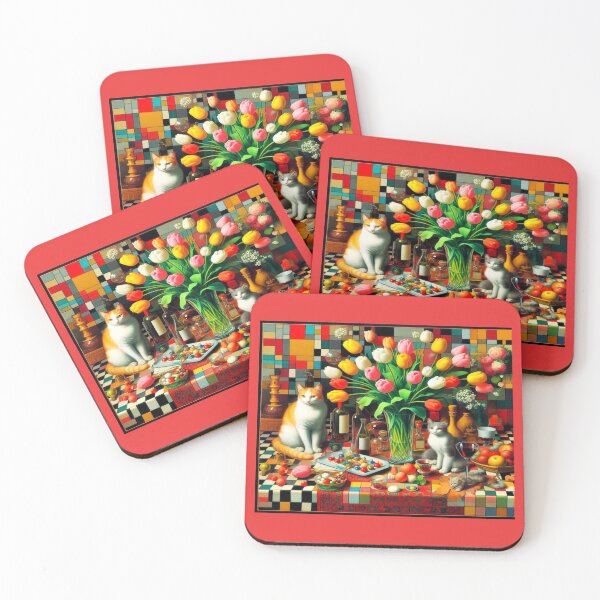Item preview, Tulips, Treats, and Cats – Whimsical Still Life Mosaic designed and sold by daweave77.