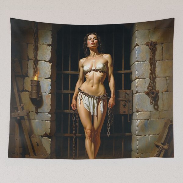 Item preview, Painting of a female prisoner in a dungeon awaiting trial in medieval times designed and sold by Vintage Designs +.