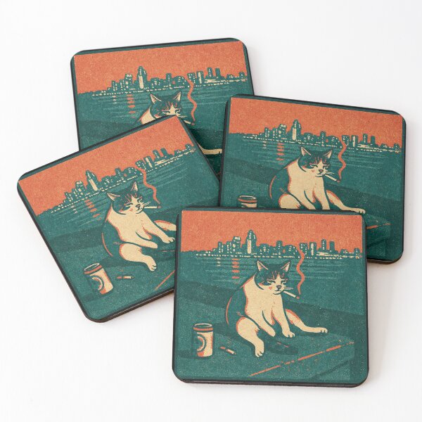 Item preview, Funny Smoking Cat Meme Riverside Skyline Retro Gritty Aesthetic designed and sold by Bongocomic.