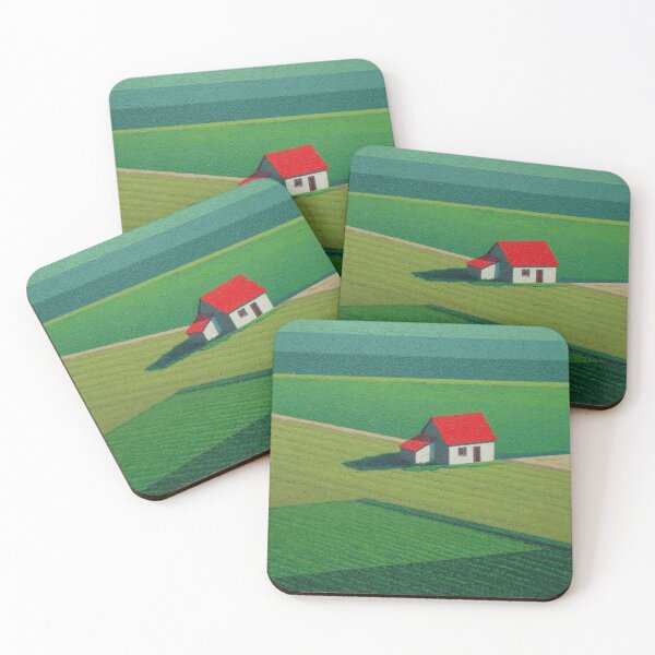 Item preview, Minimal Farmhouse Landscape – Red Roof Cottage Green Fields Modern Wall Art designed and sold by StickerHavenn.