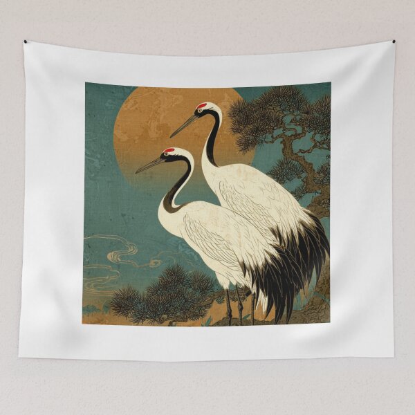Item preview, Japanese Cranes Art – Red Crowned Crane Vintage Japanese Sun Pine Tree Print designed and sold by StickerHavenn.