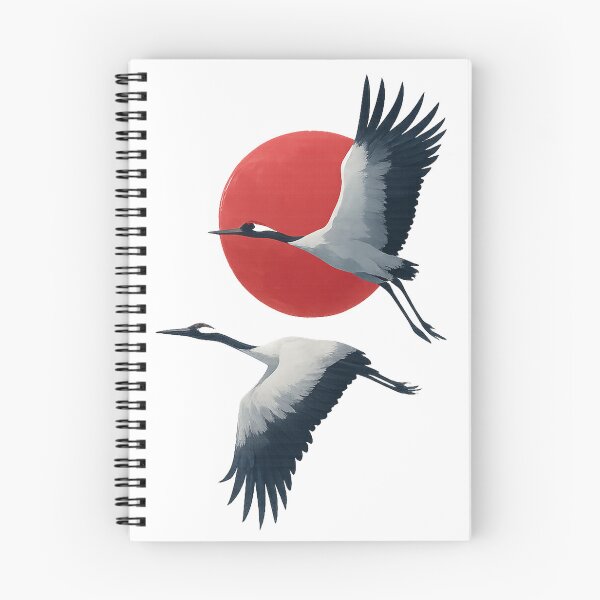 Item preview, Grullas étnicas minimalistas en blanco y negro volando ante el sol rojo al estilo japonés designed and sold by Encreable.