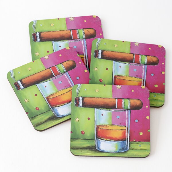 Item preview, Vibrant Whiskey and Lit Cigar Artwork with Colorful Dots and Starry Background designed and sold by OlfactoART Studio.