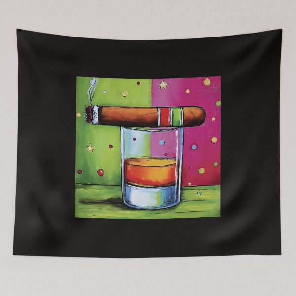Item preview, Vibrant Whiskey and Lit Cigar Artwork with Colorful Dots and Starry Background designed and sold by OlfactoART Studio.