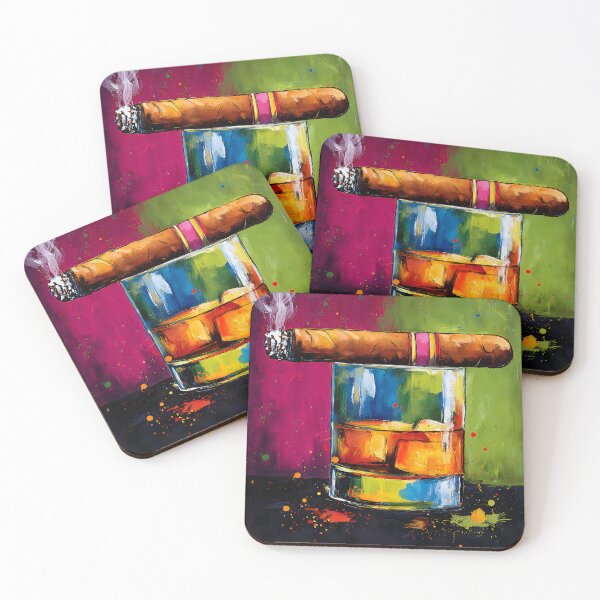 Item preview, Vibrant Artwork of Whiskey with Ice and Lit Cigar in Colorful Dynamic Composition designed and sold by OlfactoART Studio.