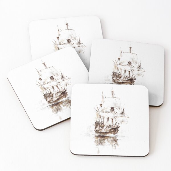 Item preview, Vintage white sailing ship with retro brown details on calm ocean waters designed and sold by Encreable.