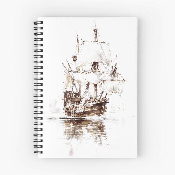 Item preview, Vintage white sailing ship with retro brown details on calm ocean waters designed and sold by Encreable.