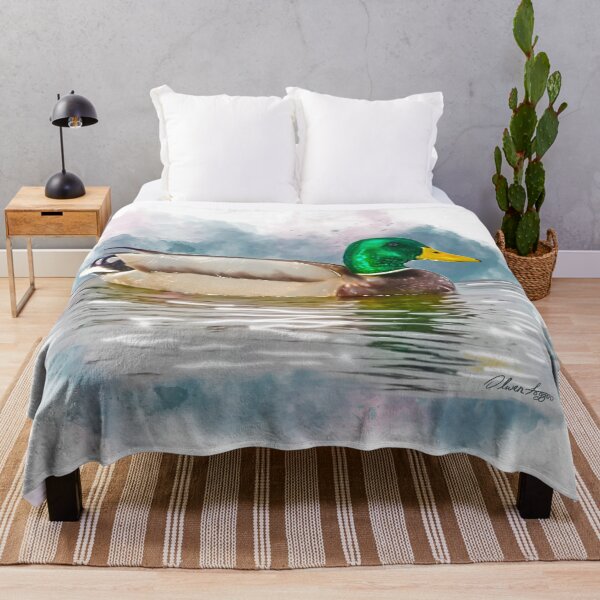 Item preview, “The Magnificent Mallard” swimming on a sunlit river under pink & blue clouds designed and sold by Printfantasia .