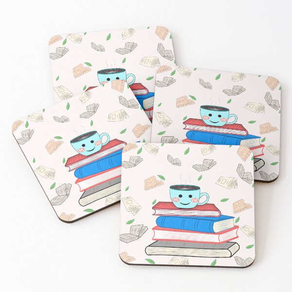 Item preview, This image features a cute illustration of a smiling coffee cup sitting on a stack of colorful books designed and sold by LSKY Art.