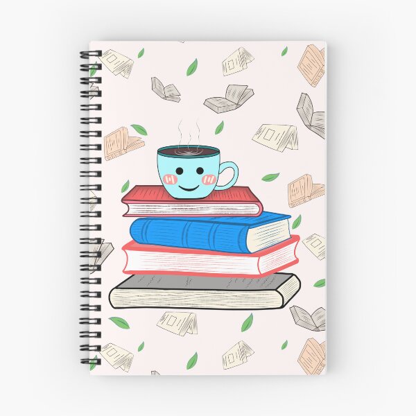 Item preview, This image features a cute illustration of a smiling coffee cup sitting on a stack of colorful books designed and sold by LSKY Art.