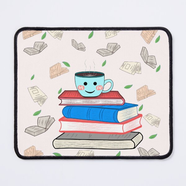 Item preview, This image features a cute illustration of a smiling coffee cup sitting on a stack of colorful books designed and sold by LSKY Art.
