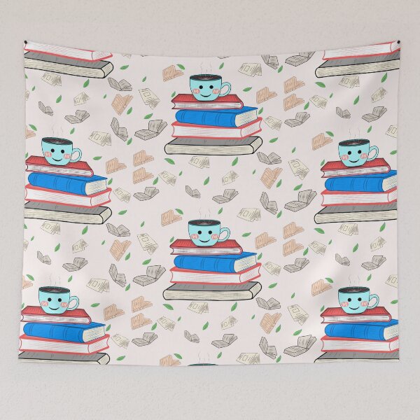 Item preview, This image features a cute illustration of a smiling coffee cup sitting on a stack of colorful books designed and sold by LSKY Art.