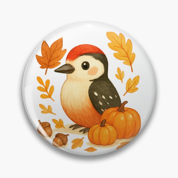 Item preview, Cute Autumn Woodpecker with pumpkins illustration designed and sold by BigBlueArt.