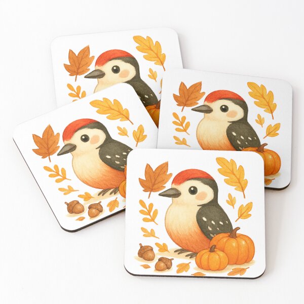 Item preview, Cute Autumn Woodpecker with pumpkins illustration designed and sold by BigBlueArt.