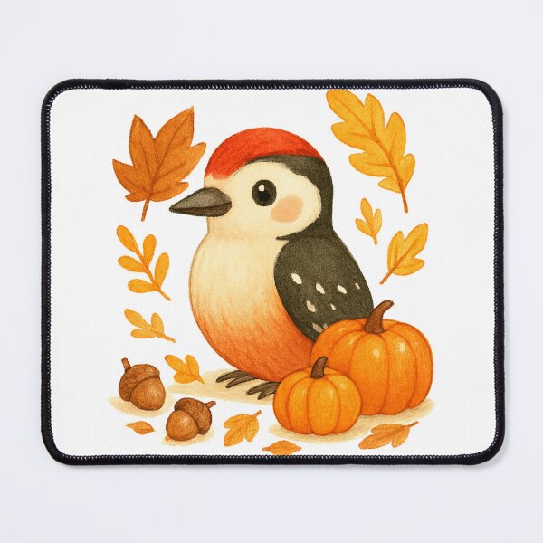 Item preview, Cute Autumn Woodpecker with pumpkins illustration designed and sold by BigBlueArt.