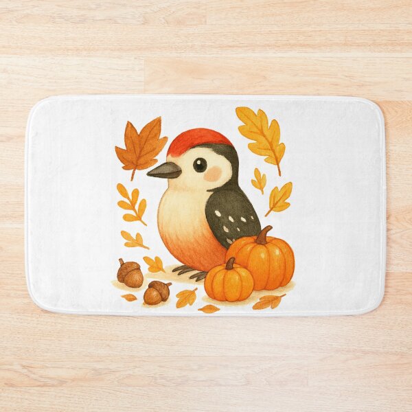 Item preview, Cute Autumn Woodpecker with pumpkins illustration designed and sold by BigBlueArt.