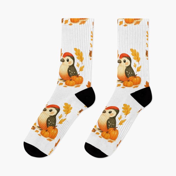 Item preview, Cute Autumn Woodpecker with pumpkins illustration designed and sold by BigBlueArt.