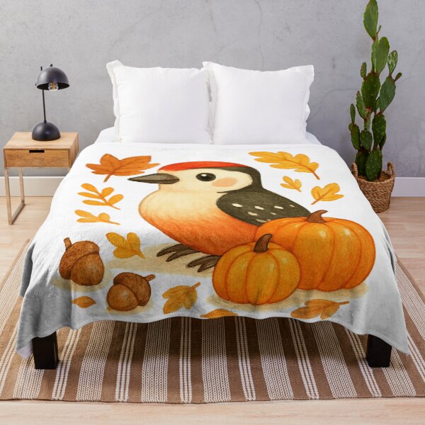 Item preview, Cute Autumn Woodpecker with pumpkins illustration designed and sold by BigBlueArt.