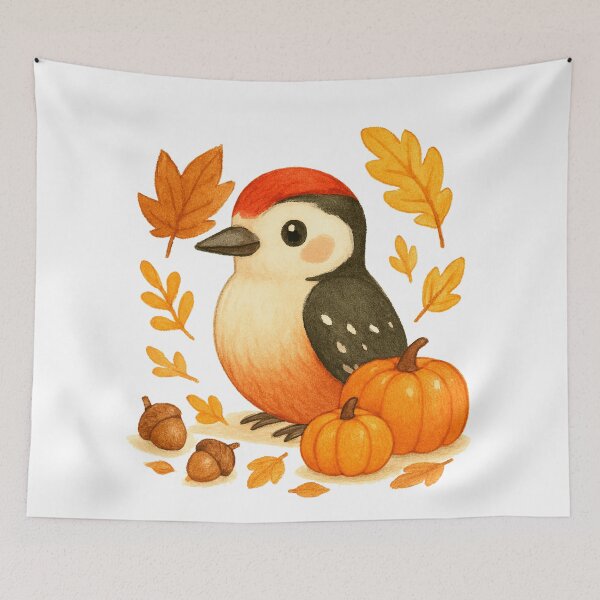 Item preview, Cute Autumn Woodpecker with pumpkins illustration designed and sold by BigBlueArt.