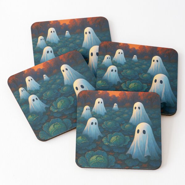 Item preview, Six Cute Ghosts in the Cabbage Patch – Autumn Red Sky Landscape designed and sold by EmeraldeaArt.