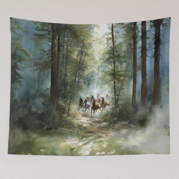 Item preview, A group of wild mustangs galloping through a sun-dappled forest Horses in Motion designed and sold by CDC40.