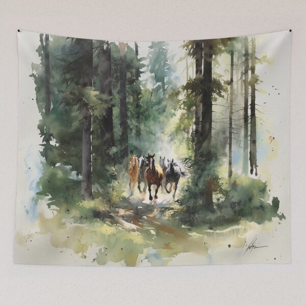Item preview, A group of wild mustangs galloping through a sun-dappled forest Horses in Motion designed and sold by CDC40.