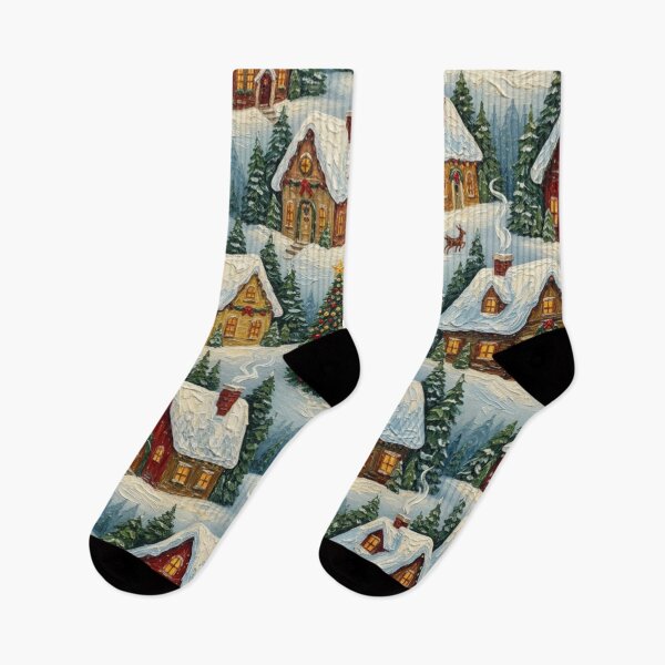 Item preview, Impresión con patrón festivo de pintura de cabañas navideñas nevadas designed and sold by MeadowFarmPrint.